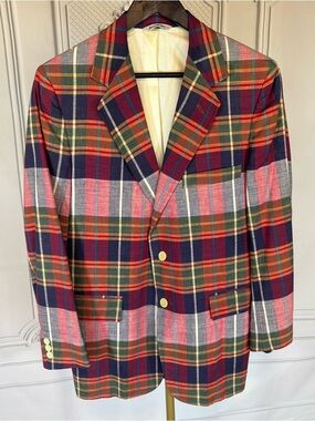 Vintage Blazer Sports Coat Size 40R Rare Colorful Plaid Lightweight Knit Preppy